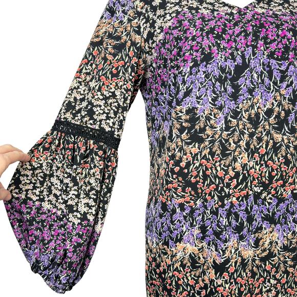 MSK | Black & Purple Micro Floral Print Long Sleeve V-neck Mini Shift Dress - Picture 5 of 9